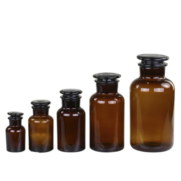 Gl. Fransk Apotekerglas m. lg 1 st; 5 forskellige str. glas - mocca brun farvet glas